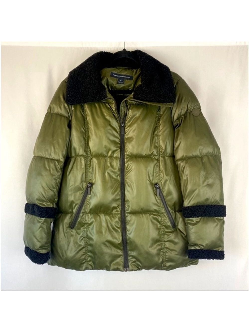 French Connection Puffer Jacket Coat Women's sz Medium Green/Black Faux Fur